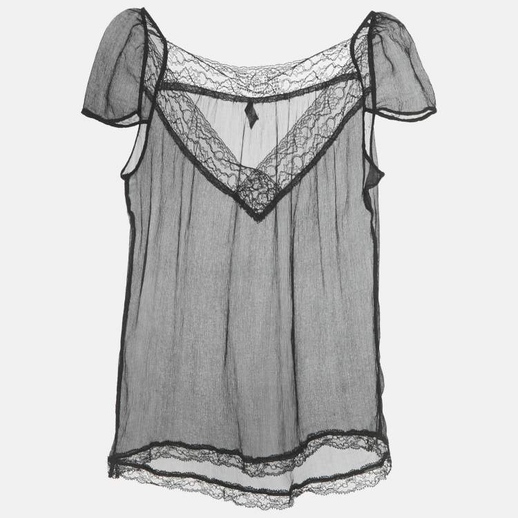 Pre Owned D&G Black Silk Chiffon Lace Trim Sheer Top S