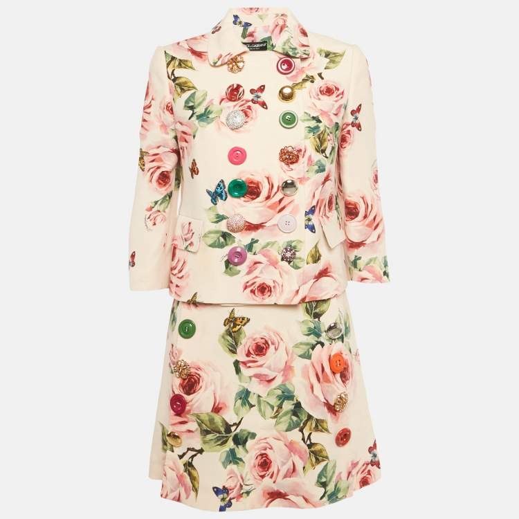 Pre Owned Dolce & Gabbana Pink Printed Wool Blend Jacket & Skirt Set S