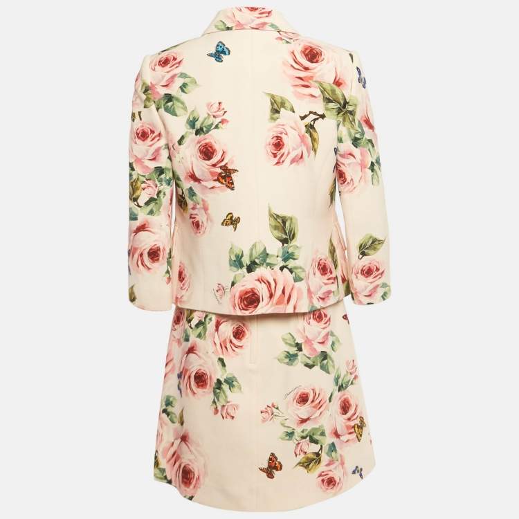 Pre Owned Dolce & Gabbana Pink Printed Wool Blend Jacket & Skirt Set S