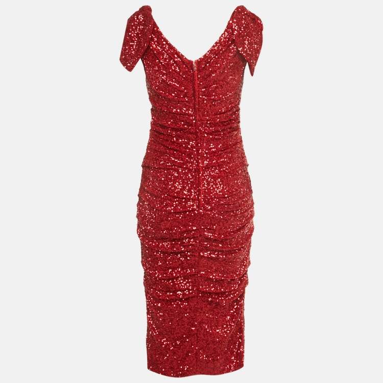 Pre Owned Dolce & Gabbana Red Sequin Midi Dress M