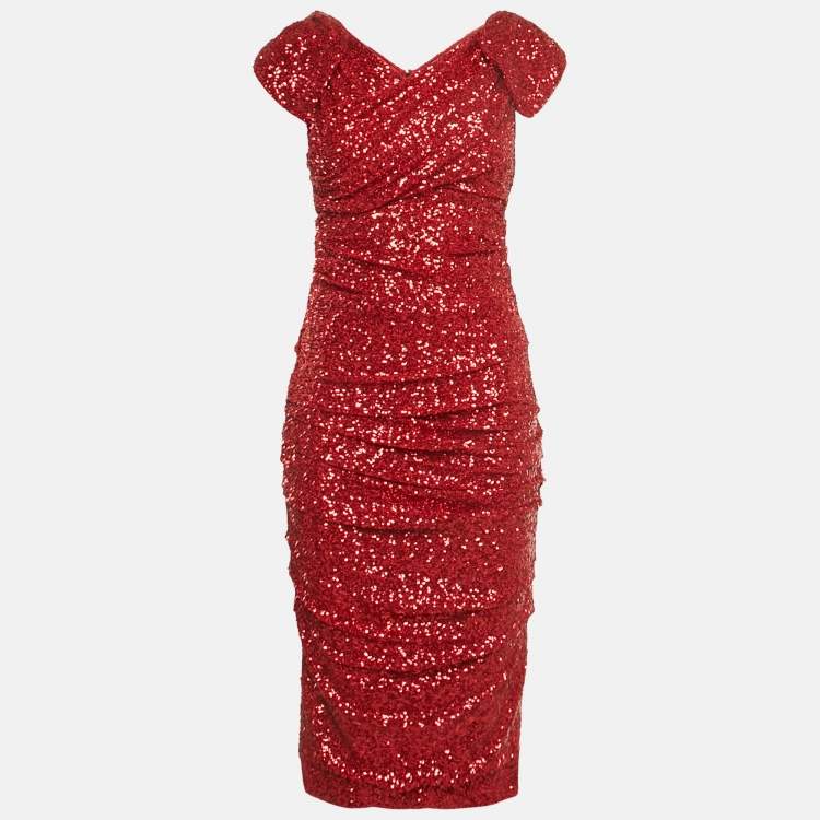 Pre Owned Dolce & Gabbana Red Sequin Midi Dress M