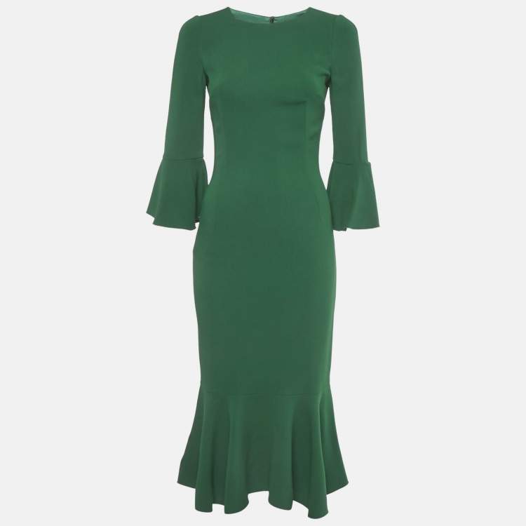 Pre Owned Dolce & Gabbana Green Crepe Flared Sleeve Midi Dress S