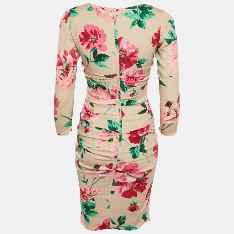 Pre Owned Dolce & Gabbana Beige Floral Printed Silk Ruched Midi Dress S