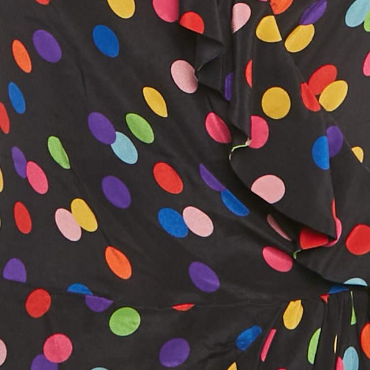 Pre Owned Dolce & Gabbana Black Polka Dot Printed Silk Ruffled Faux Wrap Dress M