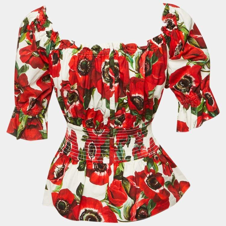 Pre Owned Dolce & Gabbana White /Red Poppy Print Cotton Blouse XS