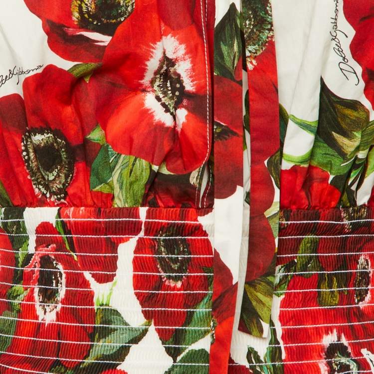 Pre Owned Dolce & Gabbana White /Red Poppy Print Cotton Blouse XS