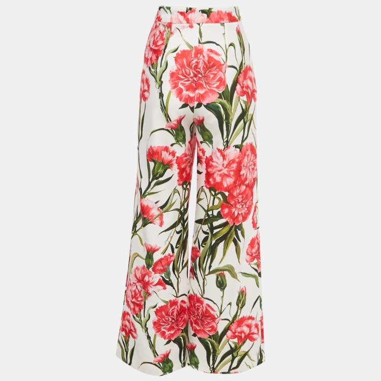 Pre Owned Dolce & Gabbana White/Pink Floral Print Jersey Flared Trousers M