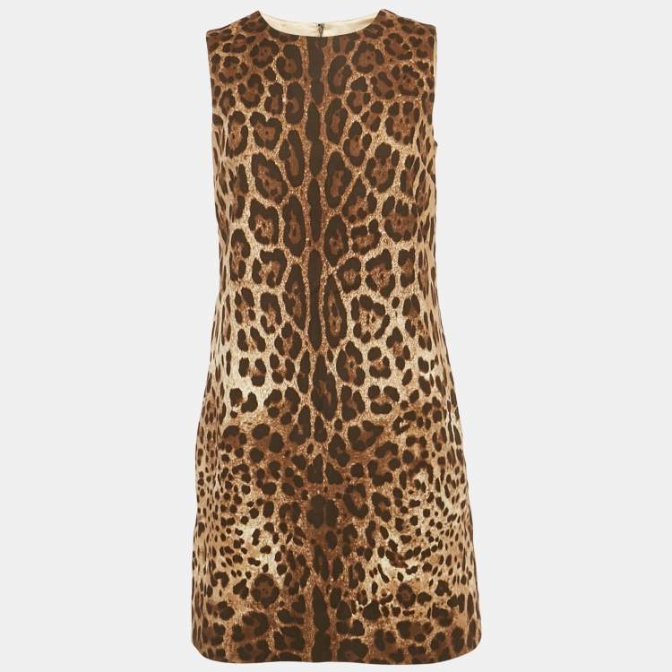 Pre Owned Dolce & Gabbana Brown Leopard Printed Cotton Charmeuse Shift Dress S