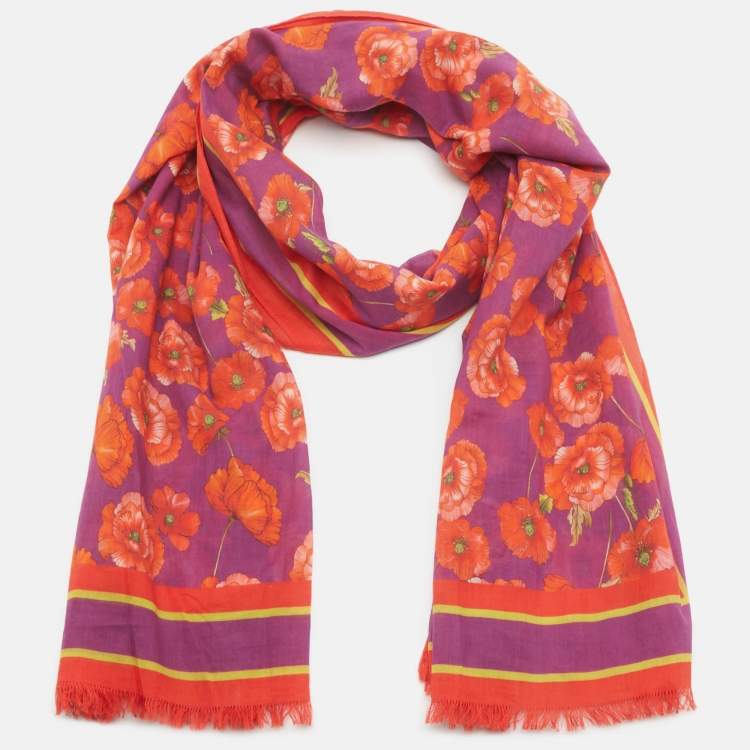 Pre Owned Dolce & Gabbana Beachwear Purple Poppy Print Cotton Pareo Scarf One Size
