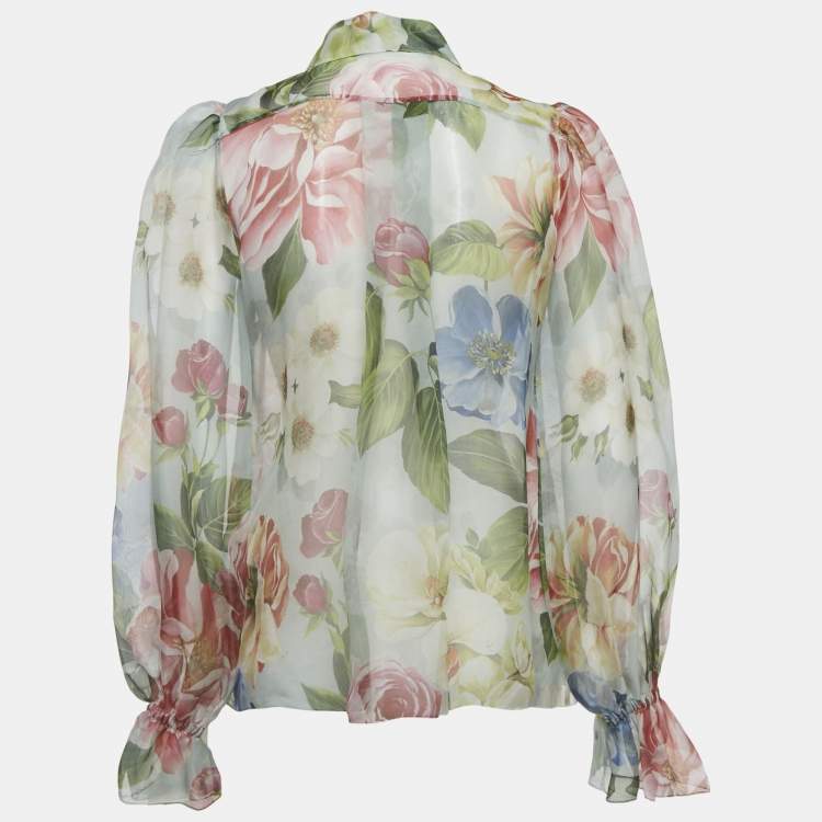 Pre Owned Dolce & Gabbana Light Green Floral Printed Silk Shirt S