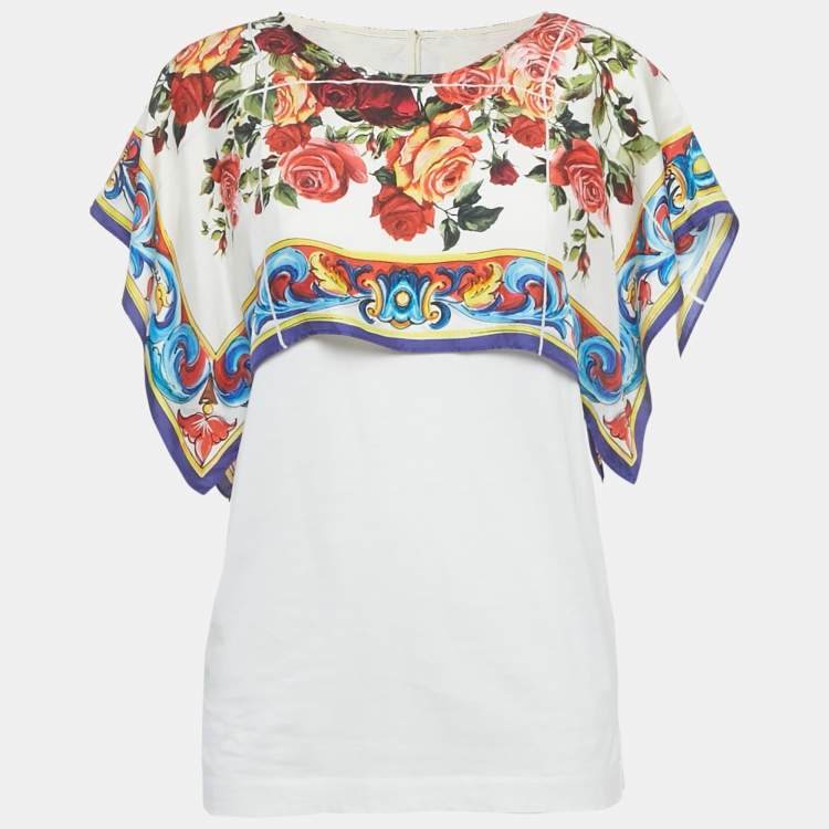 Pre Owned Dolce & Gabbana White Floral Print Silk and Jersey Top S