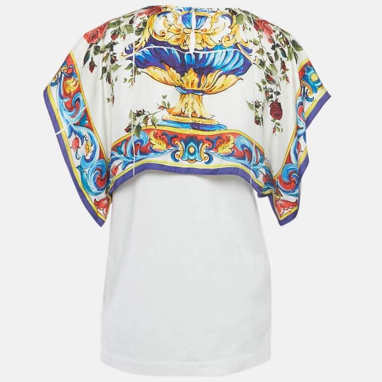Pre Owned Dolce & Gabbana White Floral Print Silk and Jersey Top S