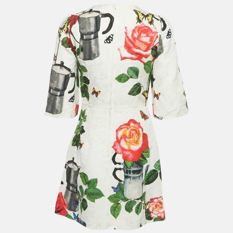 Pre Owned Dolce & Gabbana White Flowers Print Jacquard Mini Dress S