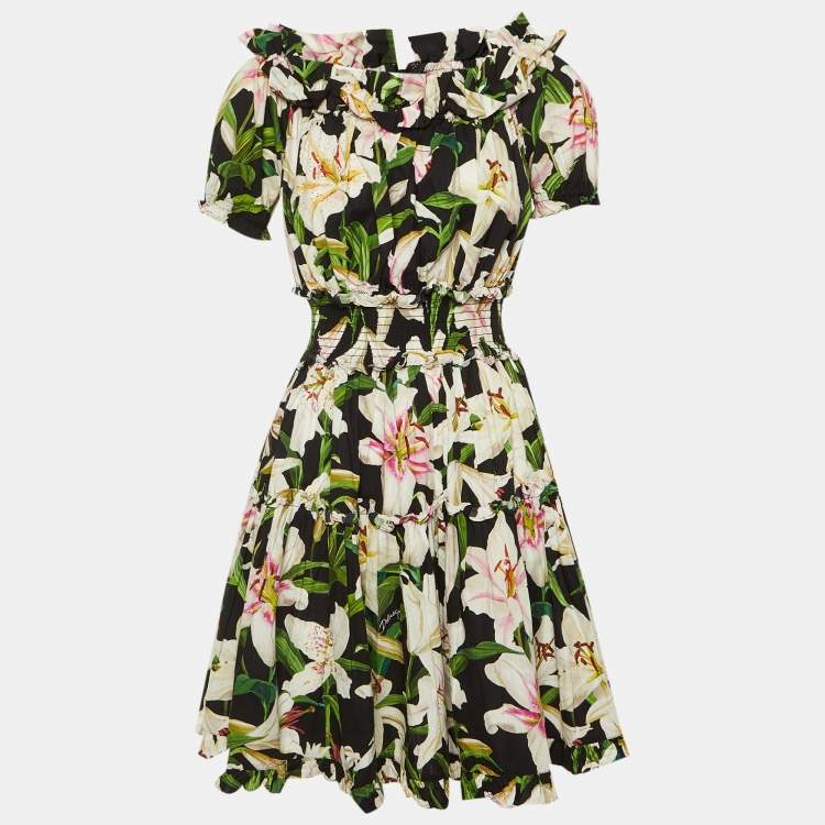 مملوكة مسبقًا Dolce & Gabbana Black Floral Print Cotton Off -Shoulder Dress M 