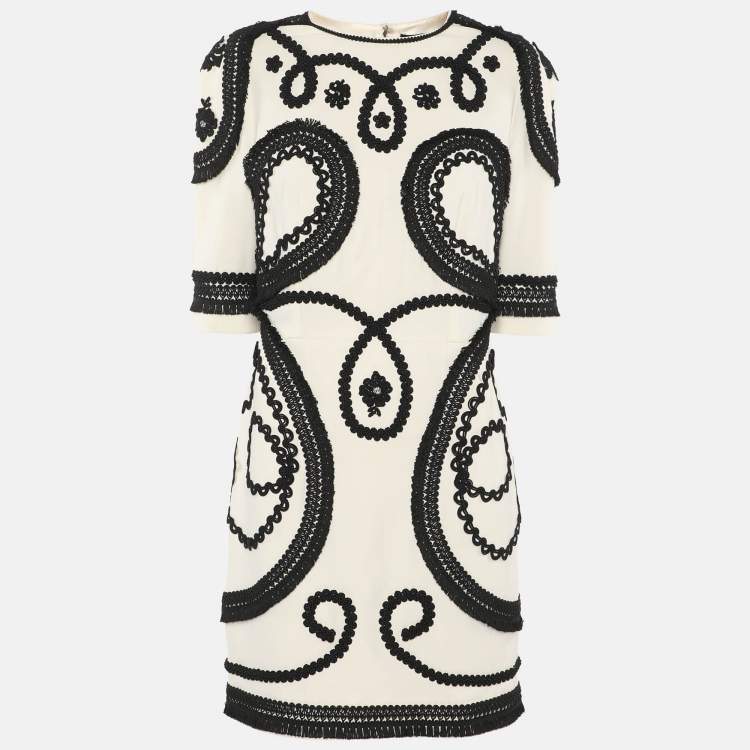 Pre Owned Dolce & Gabbana Cream/Black Crepe Embroidered Mini Dress M