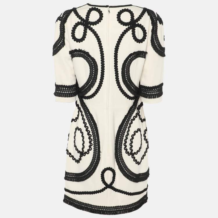Pre Owned Dolce & Gabbana Cream/Black Crepe Embroidered Mini Dress M