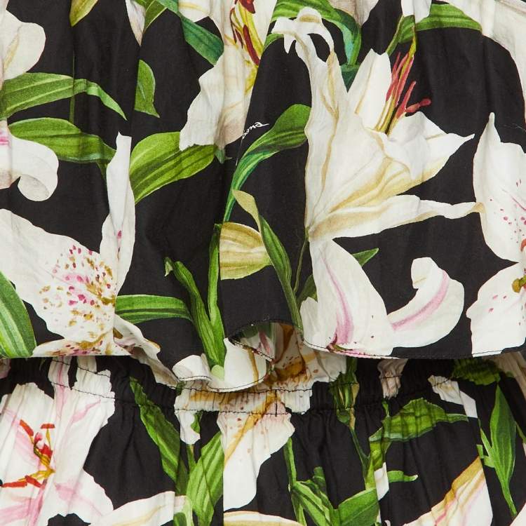 Pre Owned Dolce & Gabbana Black Poplin Print Cotton Ruffle Detail Top M