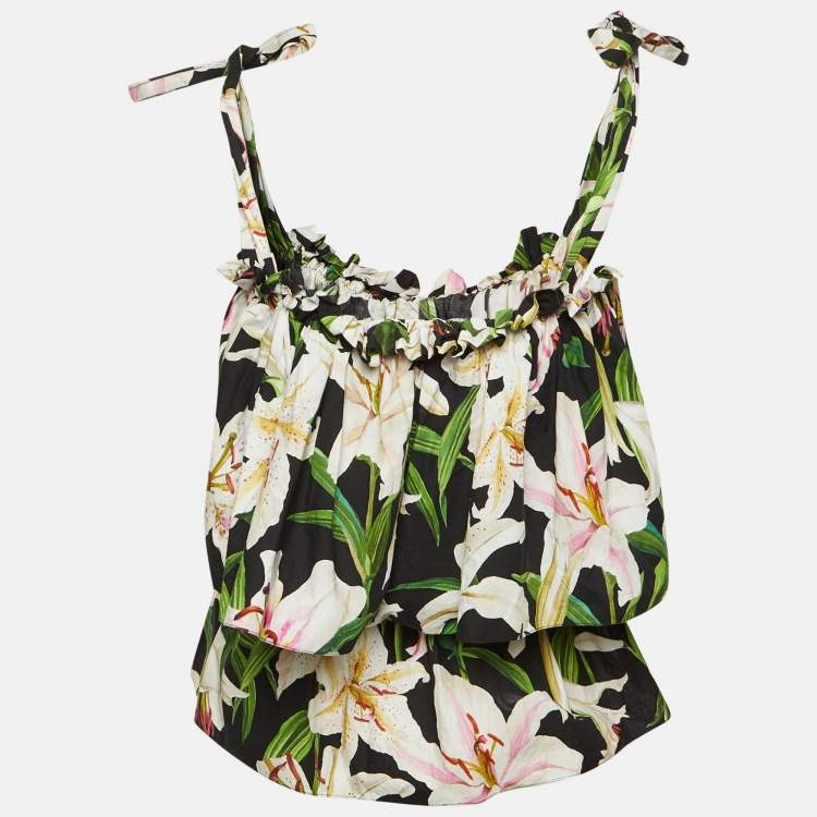 Pre Owned Dolce & Gabbana Black Poplin Print Cotton Ruffle Detail Top M