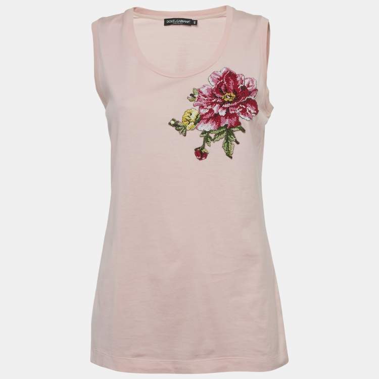 Pre Owned Dolce & Gabbana Pink Floral Embroidered Jersey Tank Top S