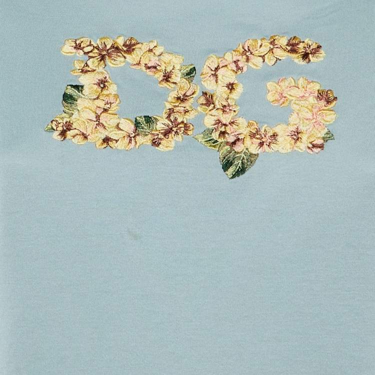 Pre Owned Dolce & Gabbana Blue /Pink Floral Logo Embroidered Cotton T-Shirt M