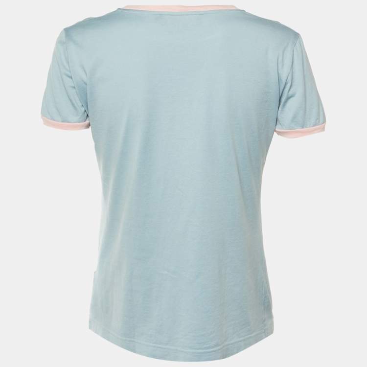 Pre Owned Dolce & Gabbana Blue /Pink Floral Logo Embroidered Cotton T-Shirt M