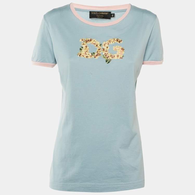 Pre Owned Dolce & Gabbana Blue /Pink Floral Logo Embroidered Cotton T-Shirt M