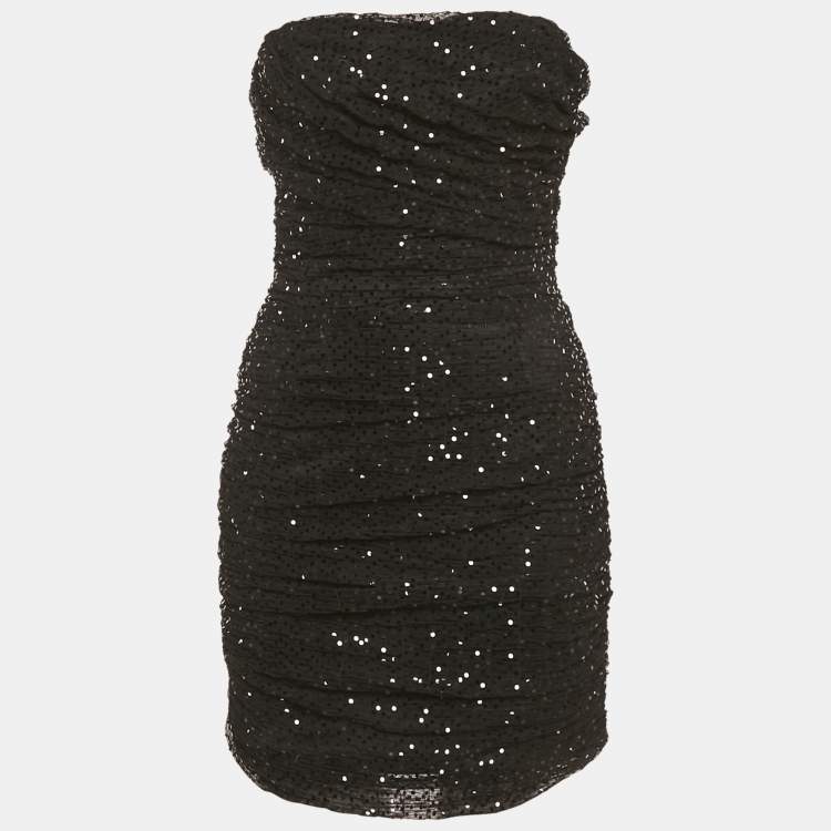 Pre Owned Dolce & Gabbana Black Sequin Embellished Tulle Ruched Strapless Mini Dress M