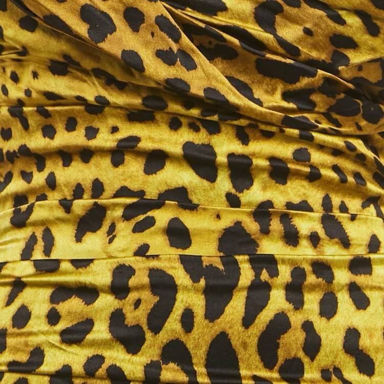 Pre Owned  Dolce & Gabbana Yellow Leopard Print Silk Strapless Ruched Dress M
