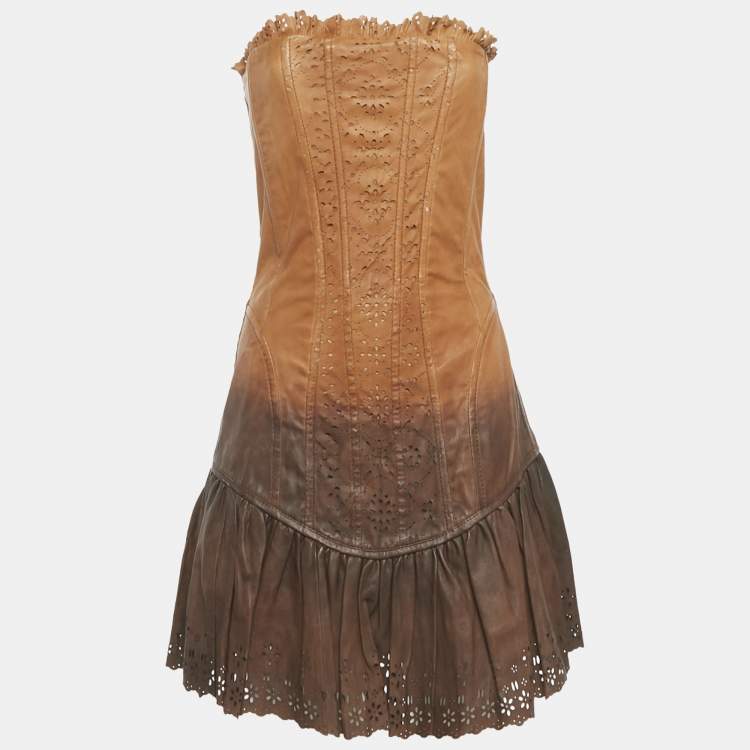 Pre Owned D&G Beige Leather Eyelet Strapless Mini  Dress S