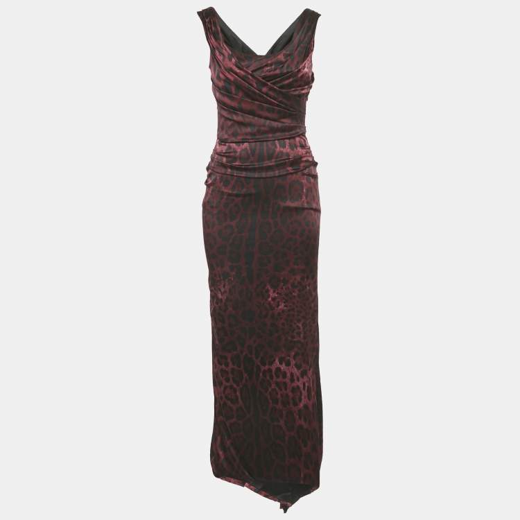 Pre Owned Dolce & Gabbana Purple Leopard Print Silk Draped Maxi Dress S