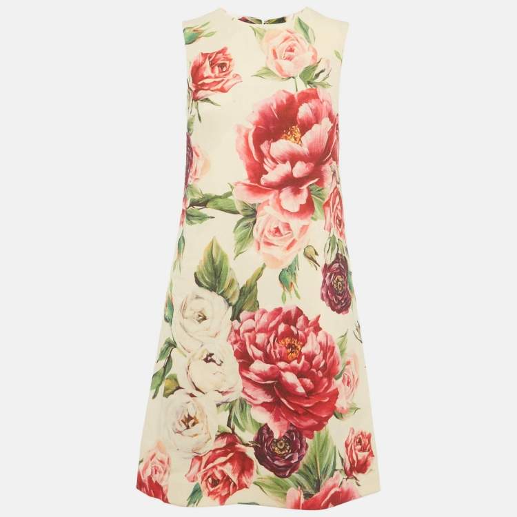 Pre Owned Dolce & Gabbana Cream Rose Print Wool Blend Shift Mini Dress S