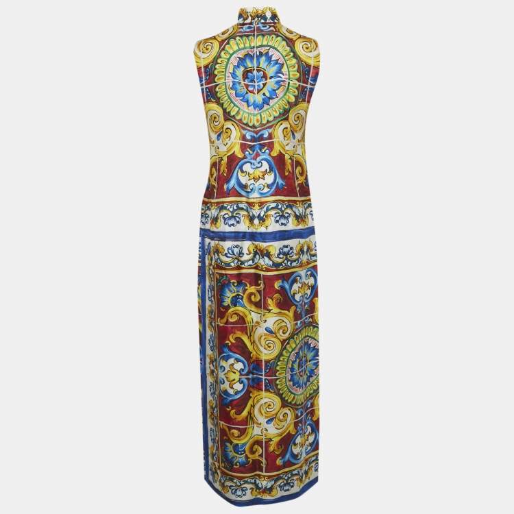 Pre Owned Dolce & Gabbana Majolica Print Silk Front Slit Maxi Dress M