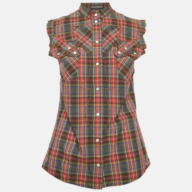 Pre Owned Dolce & Gabbana Grey/Red Plaid Cotton Pearl Snap Button Detail Sleeveless Shirt S