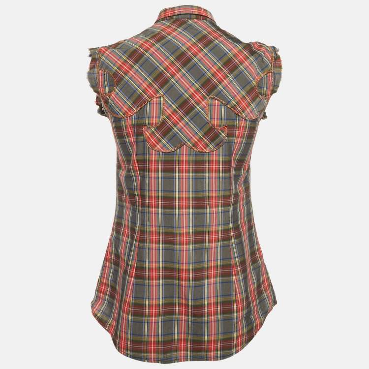 Pre Owned Dolce & Gabbana Grey/Red Plaid Cotton Pearl Snap Button Detail Sleeveless Shirt S
