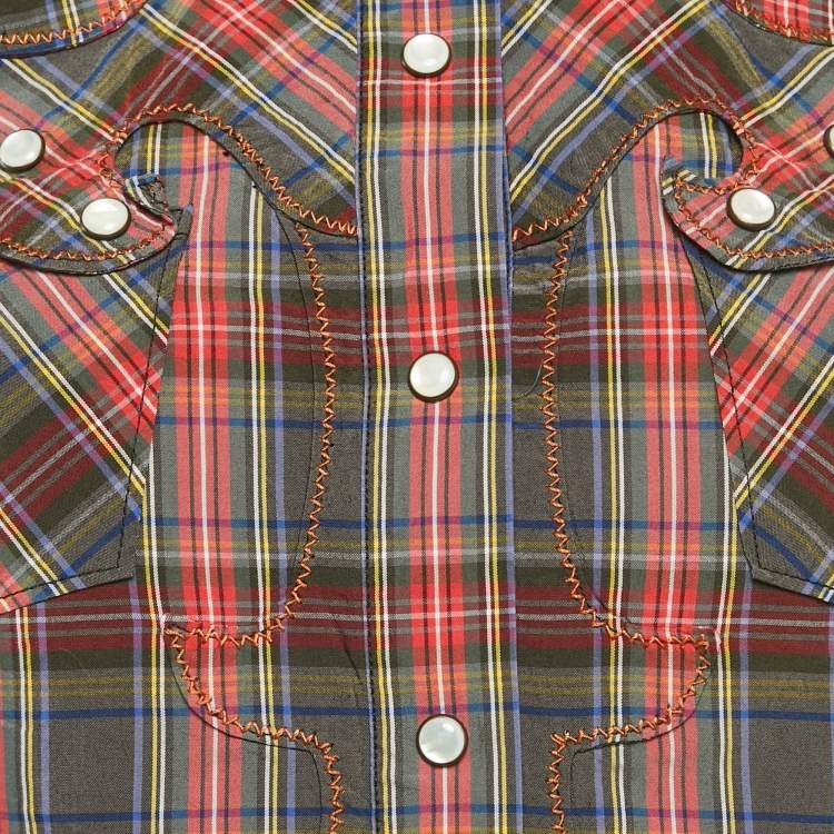 Pre Owned Dolce & Gabbana Grey/Red Plaid Cotton Pearl Snap Button Detail Sleeveless Shirt S