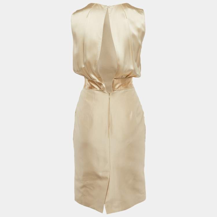 Pre Owned Dolce & Gabbana Gold Silk & Crepe Shift Mini Dress XS