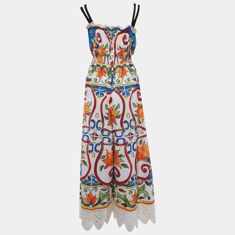 مملوكة مسبقًا Dolce & Gabbana Multicolor Printed Lace Trim Cotton Jumpsuit M