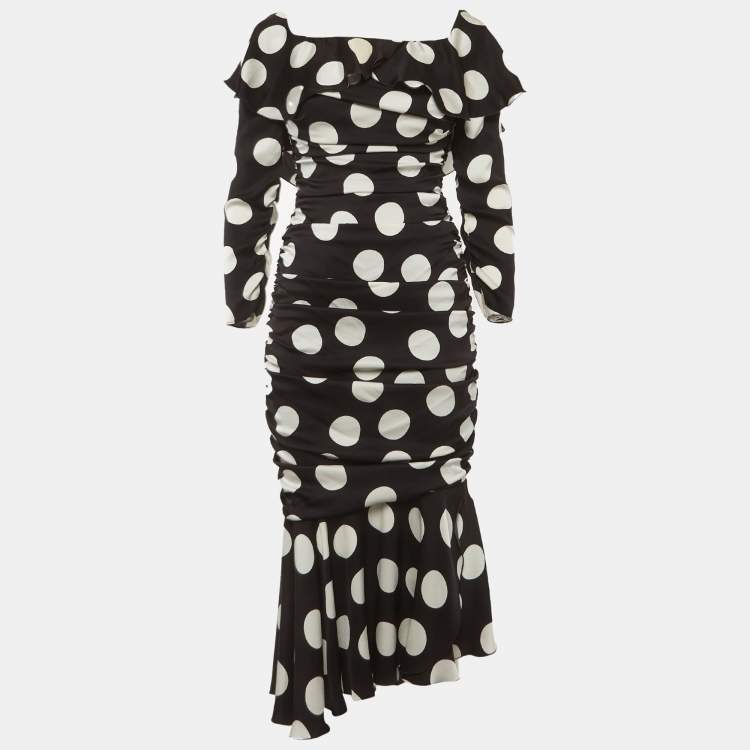 Pre Owned Dolce & Gabbana Black/White Polka Dots Satin Ruche Midi Dress M