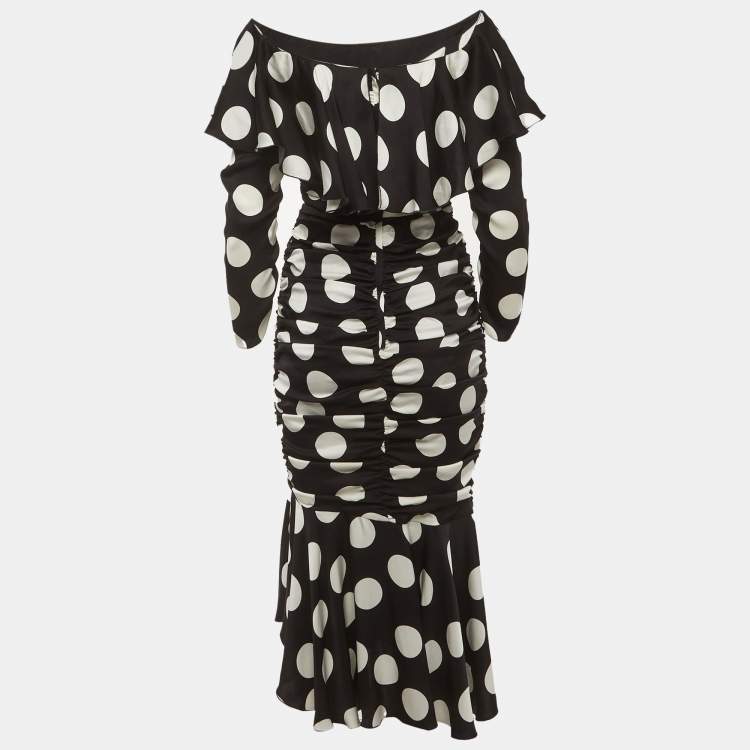 Pre Owned Dolce & Gabbana Black/White Polka Dots Satin Ruche Midi Dress M