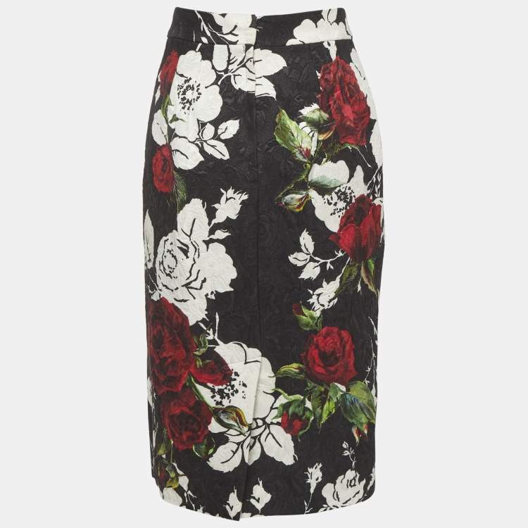 Pre Owned Dolce & Gabbana Black Rose Printed Jacquard Pencil Skirt S
