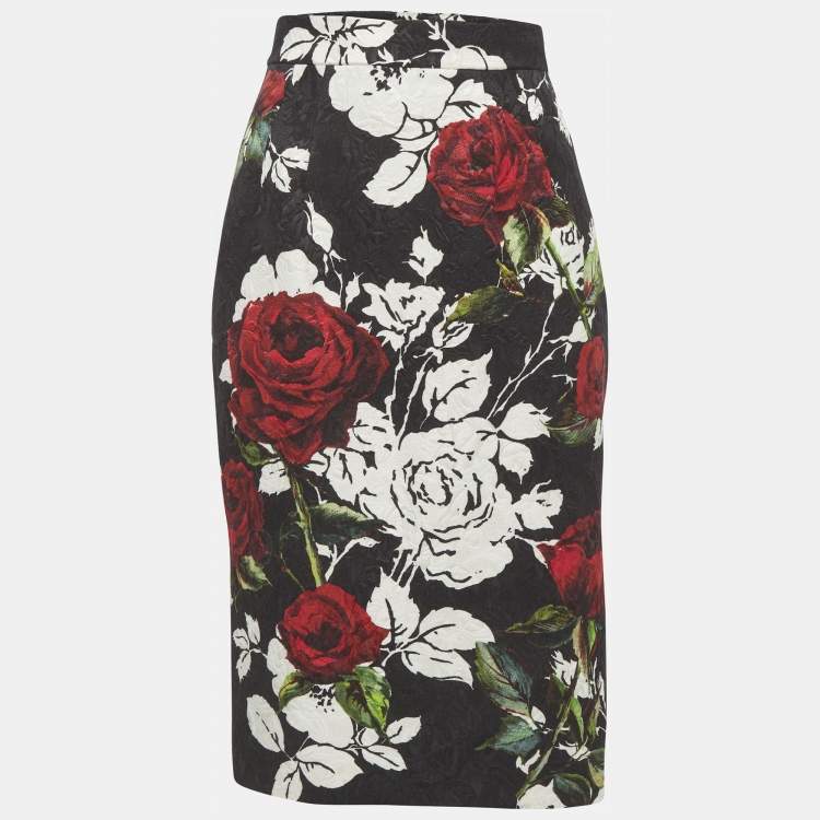Pre Owned Dolce & Gabbana Black Rose Printed Jacquard Pencil Skirt S