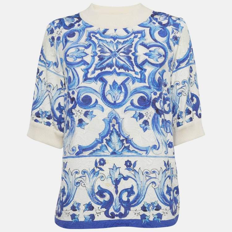 Pre Owned Dolce & Gabbana White Majolica Printed Jacquard Top S