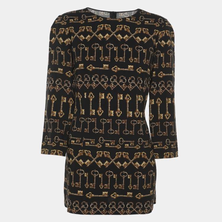 Pre Owned Dolce & Gabbana Black Printed Crepe Long Sleeve Blouse M