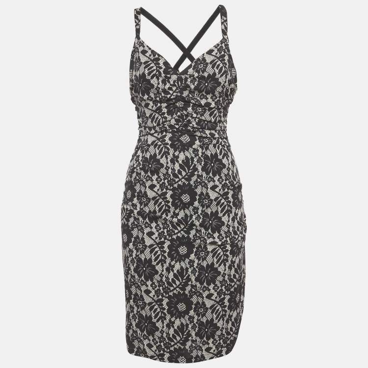 Pre Owned Dolce & Gabbana Black Lace Print Jersey Ruched Midi Dress S