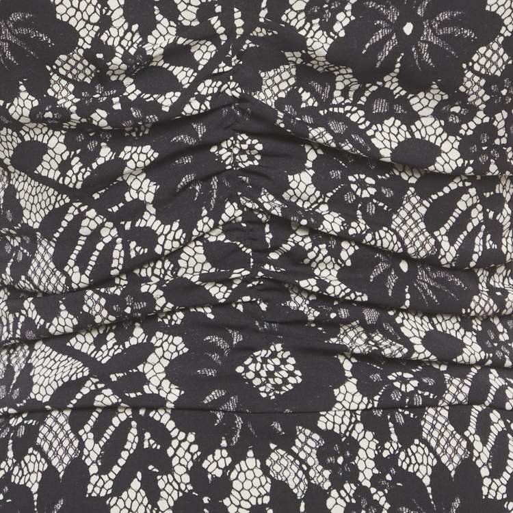 Pre Owned Dolce & Gabbana Black Lace Print Jersey Ruched Midi Dress S