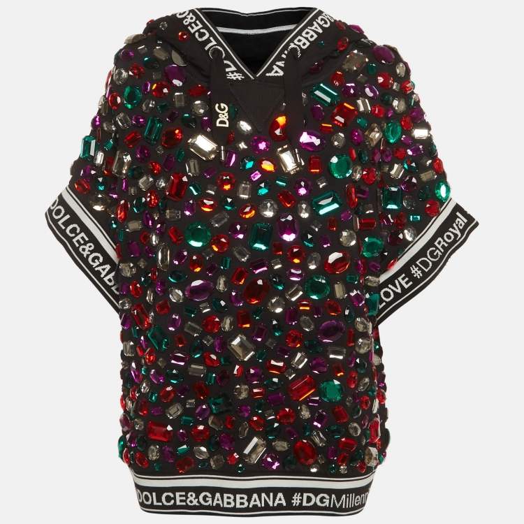 Pre Owned Dolce & Gabbana Black Multicolour Crystal Embellished Short Sleeve Hooded Sweatshirt S
