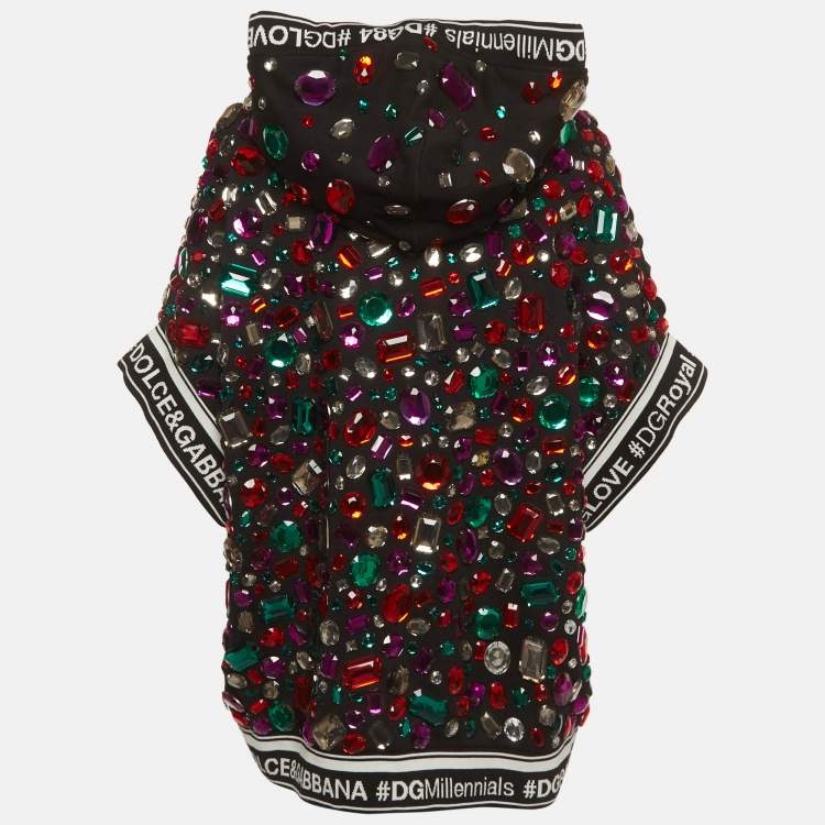 Pre Owned Dolce & Gabbana Black Multicolour Crystal Embellished Short Sleeve Hooded Sweatshirt S