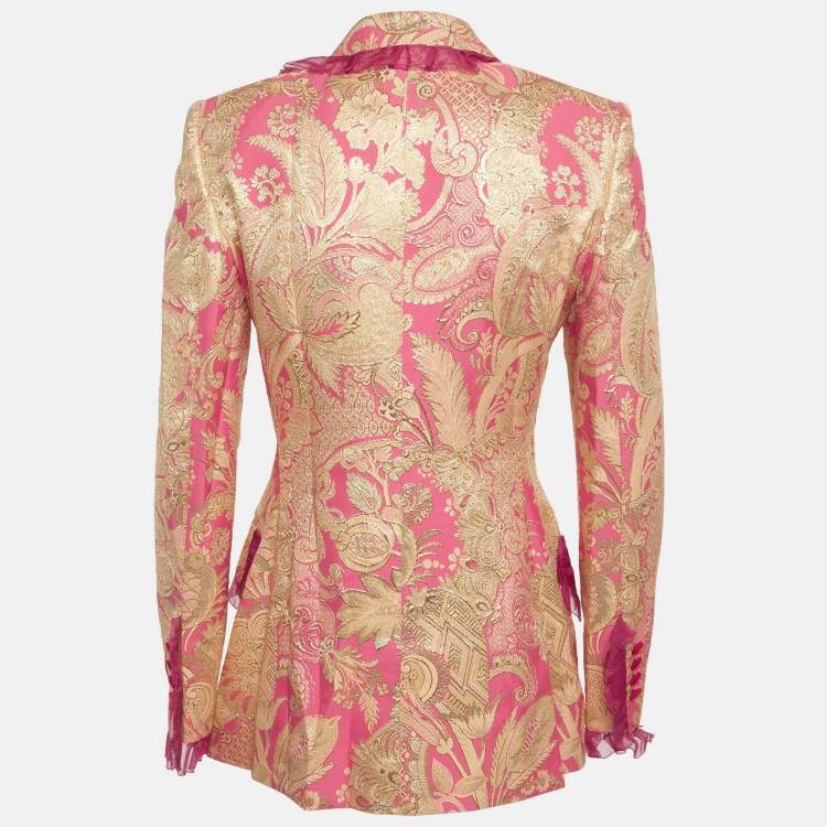 Pre Owned Dolce & Gabbana Pink/Gold Jacquard Ruffled Double Breasted Blazer S