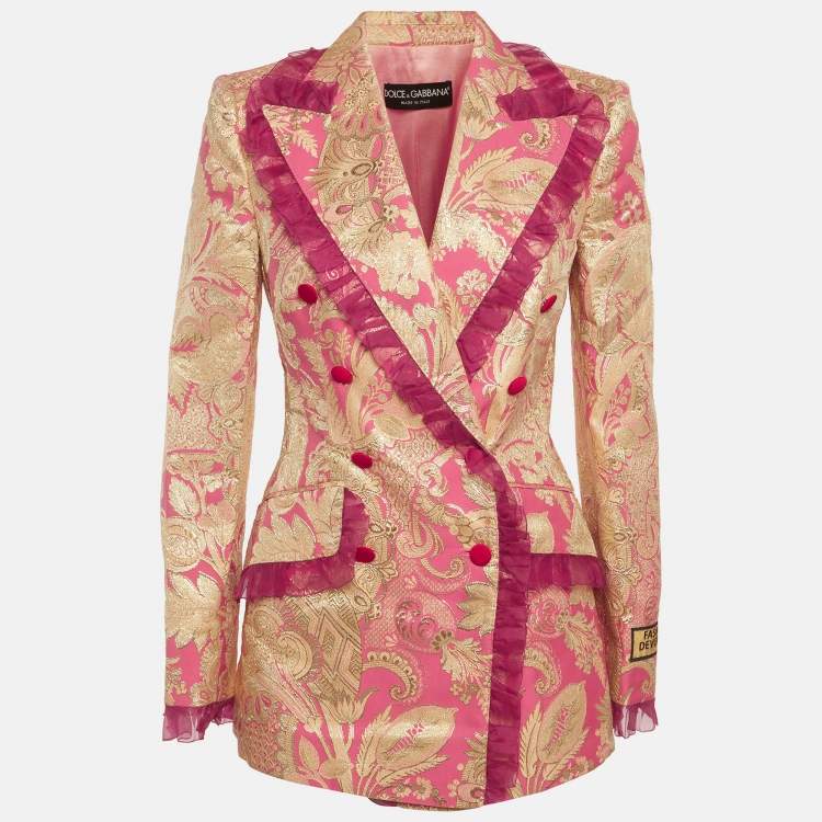 Pre Owned Dolce & Gabbana Pink/Gold Jacquard Ruffled Double Breasted Blazer S