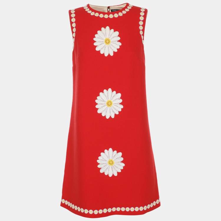 Pre Owned Dolce & Gabbana Red Wool Floral Applique Mini Dress S